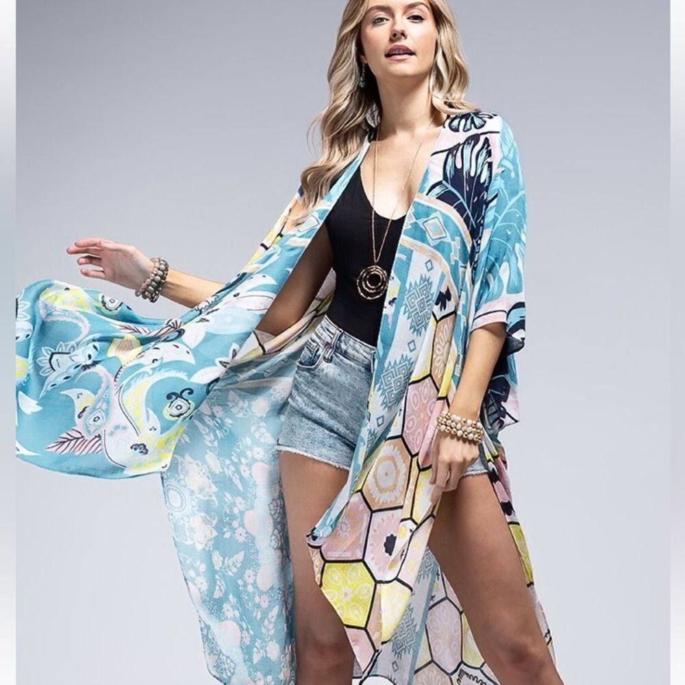 Boutique NWT Tropical Island Art Inspired Floral Gypsy Boho Kimono S -3x